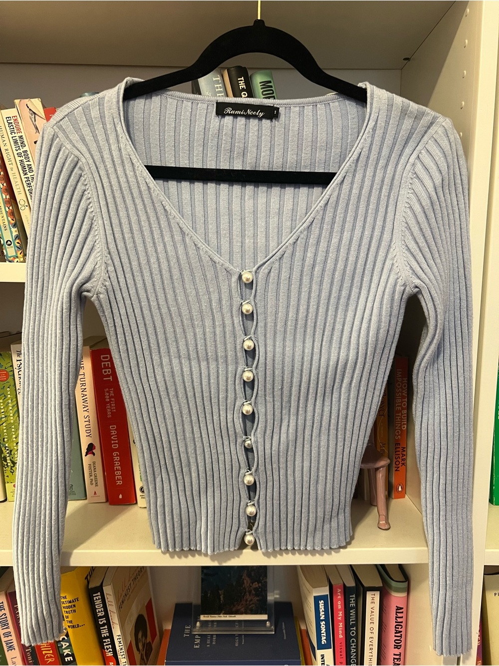 Light Blue Ribbed Pearl-Button Sweater